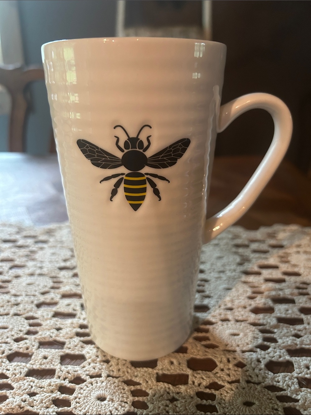 White Ceramic Bee Accent Mug - Yellow & Black Bee Design